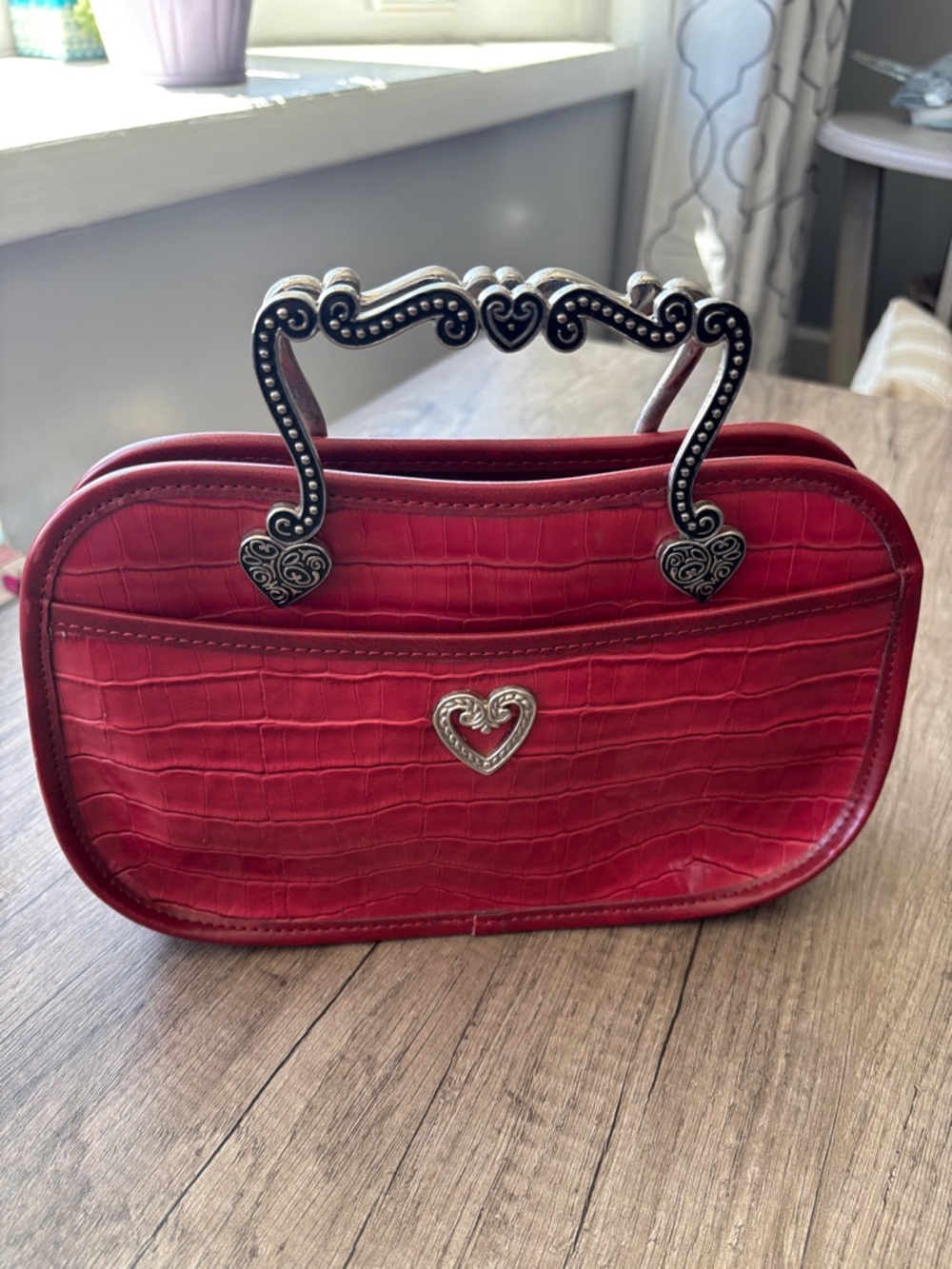 Red Croc-Embossed Heart Accent Wristlet Clutch